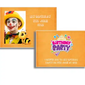 Cheerful clown birthday invitation with bee illustration on orange background.