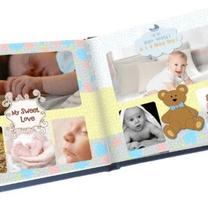 Delightful baby photo album with colourful design and adorable images of your newborn.