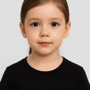 Little girl with brown hair and black T-shirt, portrait against a plain light grey background.