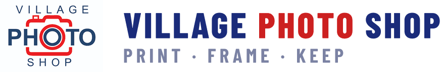 A vibrant village photo shop logo with paint, frame, and print services.