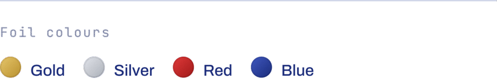Close-up of a colour palette with gold, silver, red, and blue swatches.
