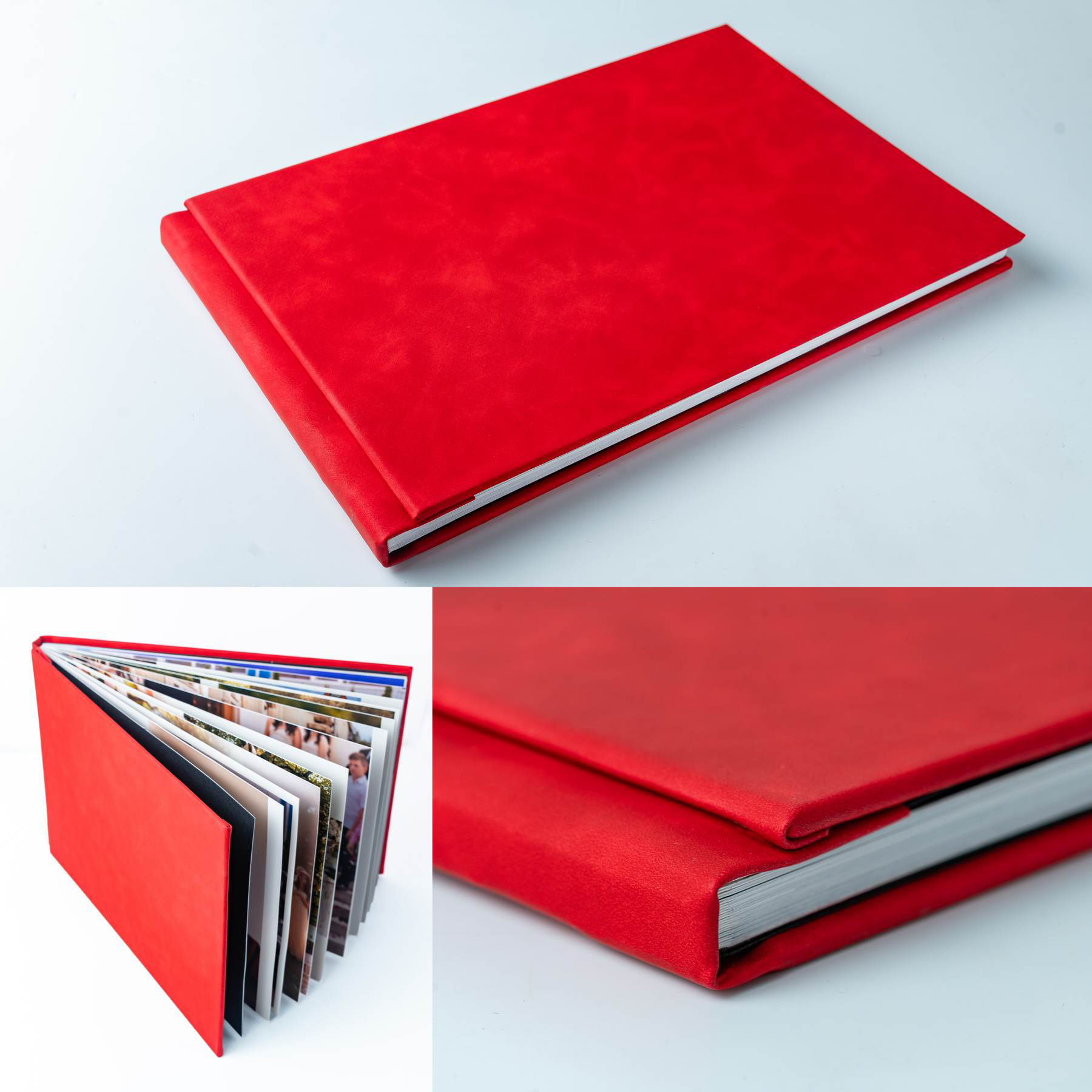 Red photo album with a textured cover and white pages inside.
