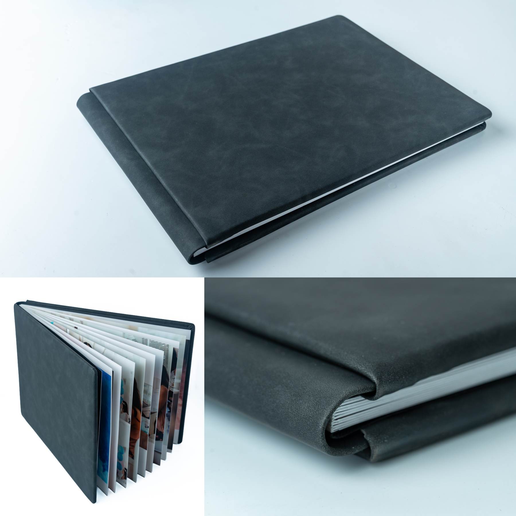 Black photo album with a textured cover and white pages inside.