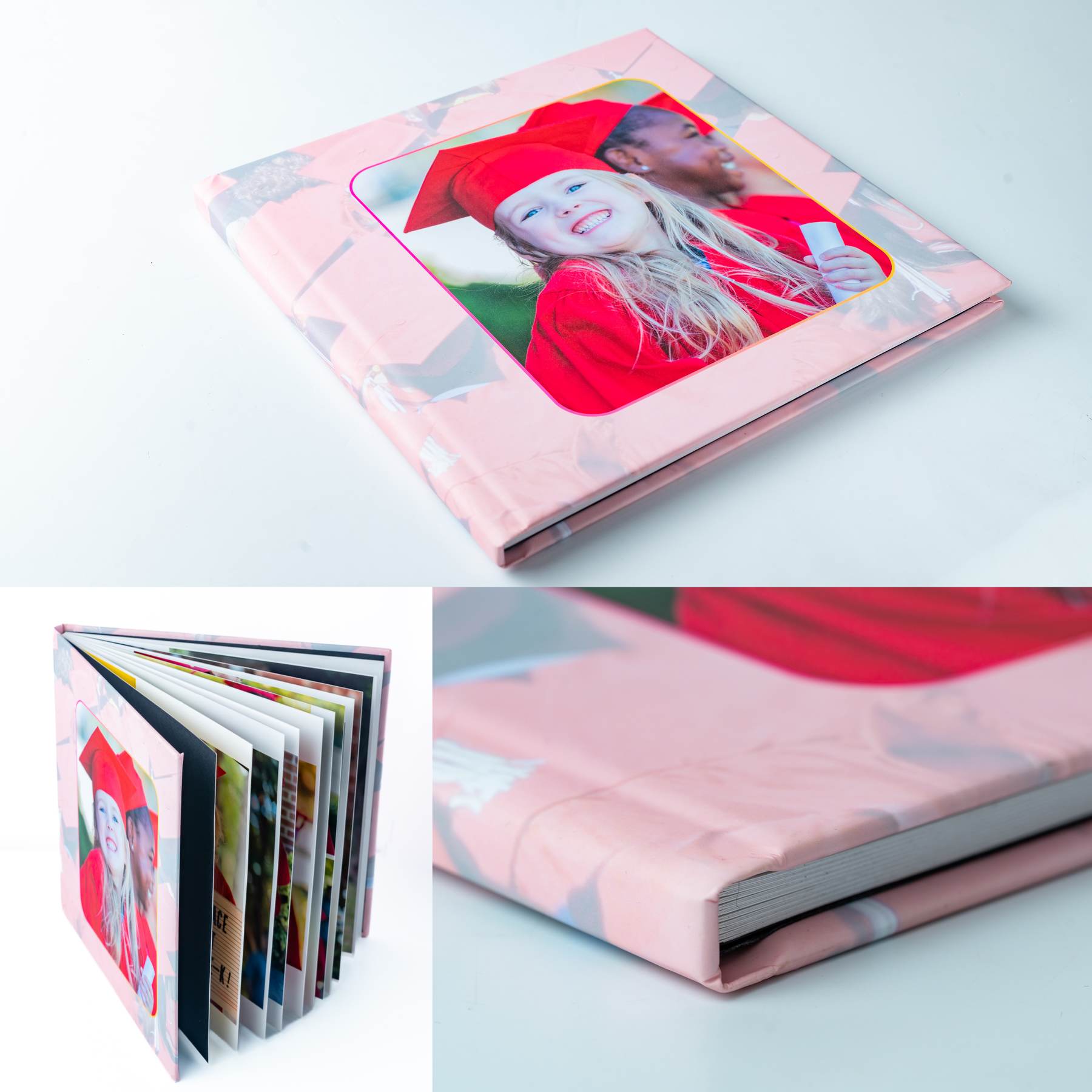 Graduation photo album with a girl in a red cap and gown holding a diploma.