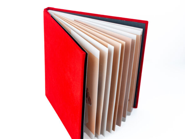 Red photo album with cream and white pages on a white background.