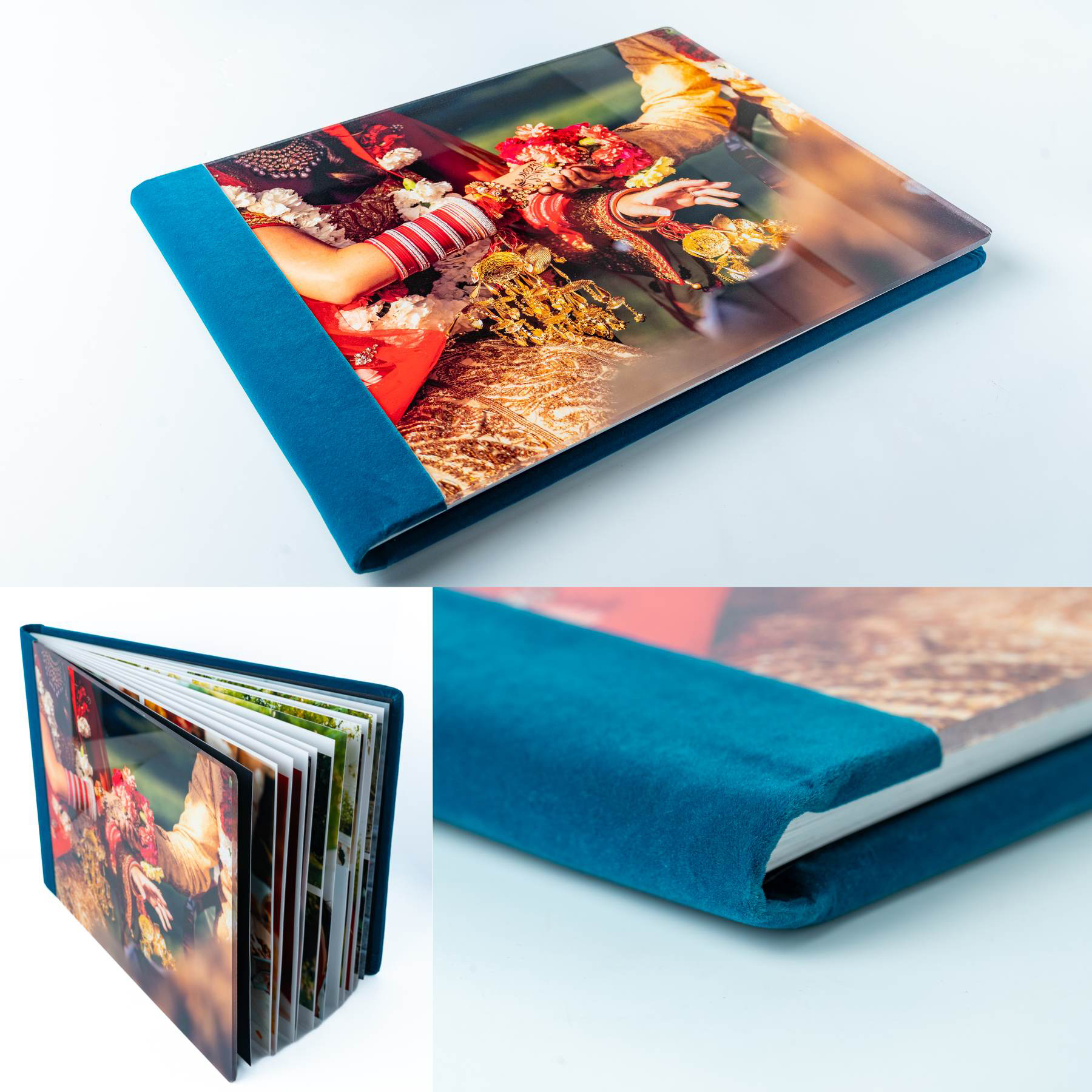Photobook with a colourful cover featuring traditional Indian wedding attire and jewelry.