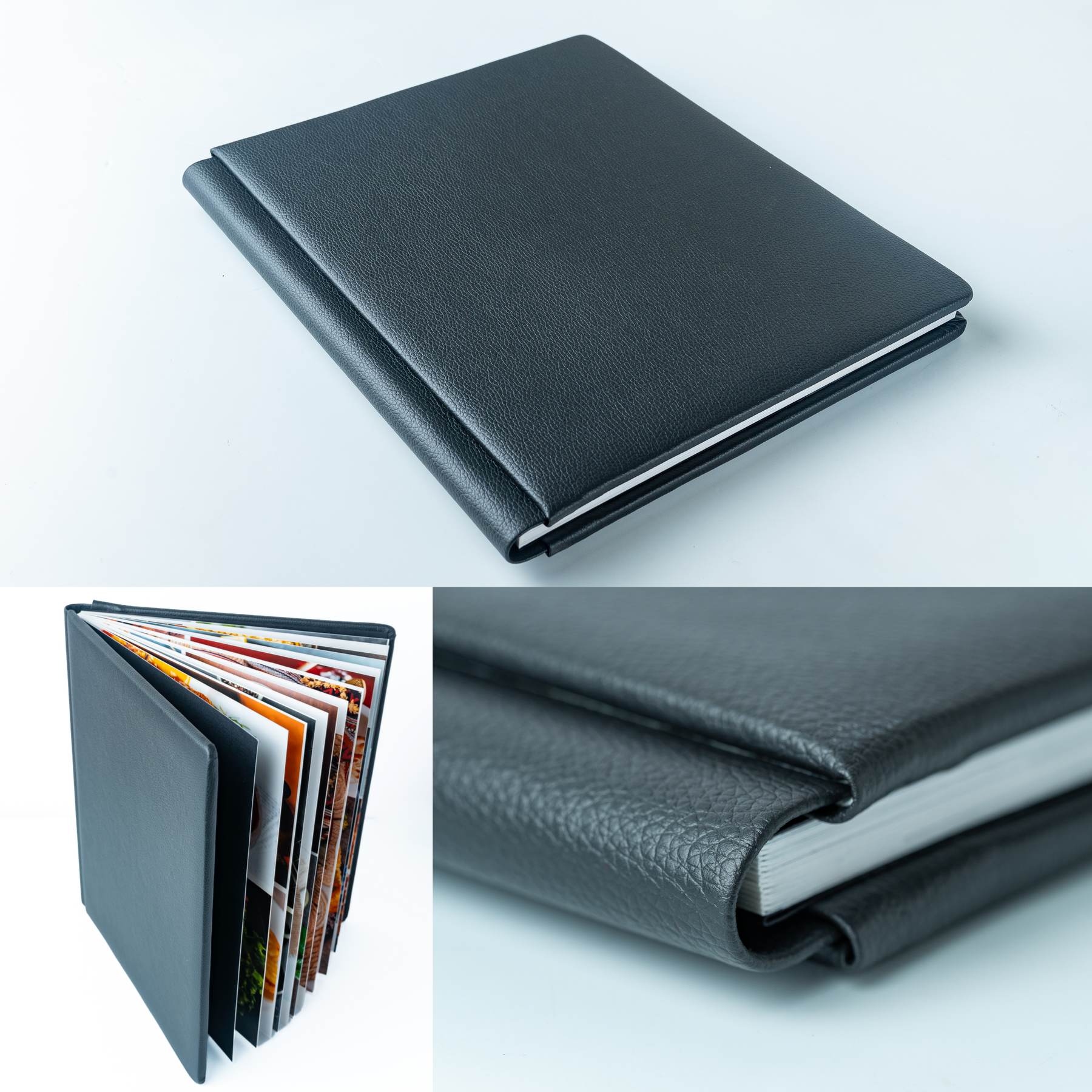 Black leather photo album with multiple pages for photographs or documents.