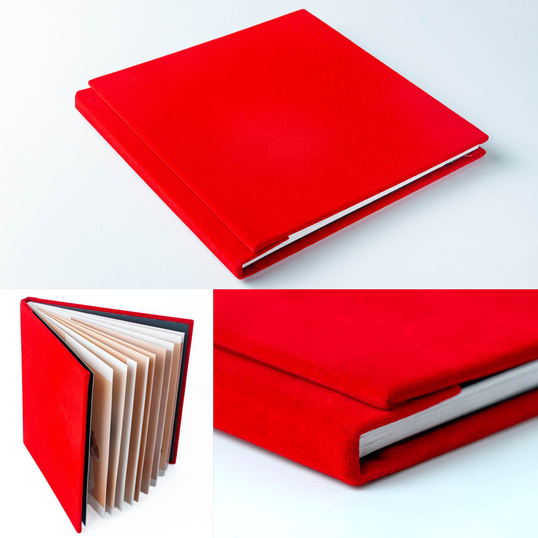 Red hardcover photo album with white pages on a white background.