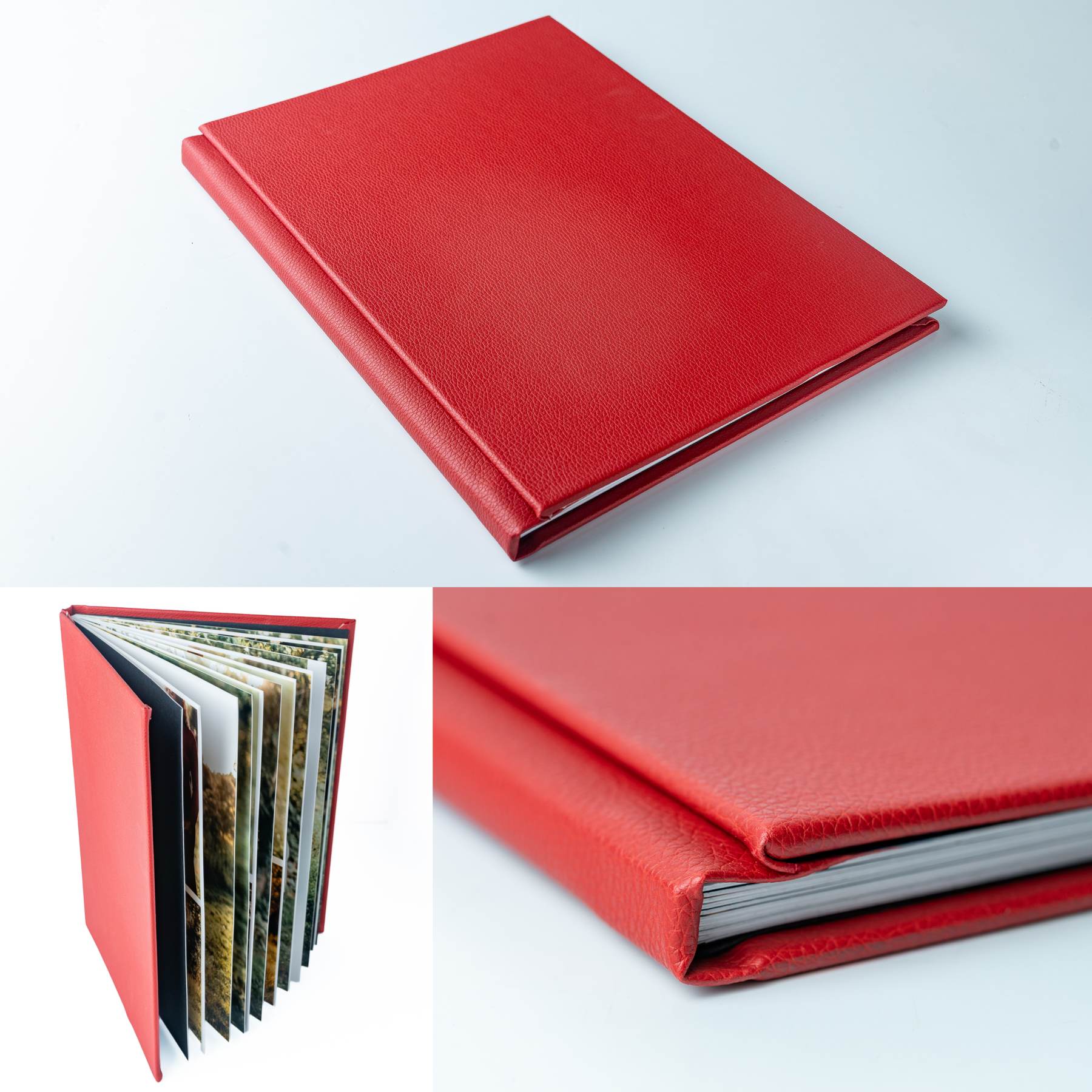 Red photo album with textured cover and white pages inside.